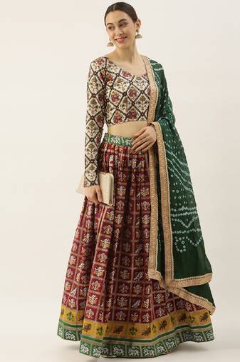Maroon printed jacquard unstitched lehenga