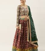 Maroon printed jacquard unstitched lehenga