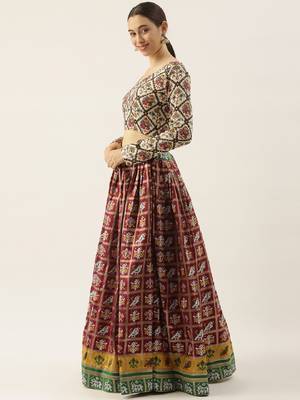 Maroon printed jacquard unstitched lehenga 2