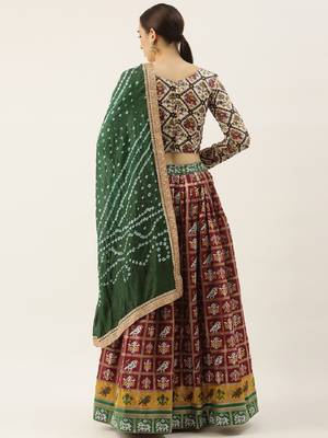 Maroon printed jacquard unstitched lehenga 3