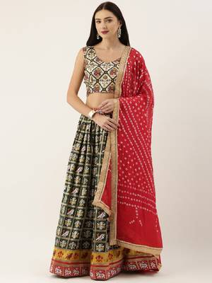 Green printed jacquard unstitched lehenga 1