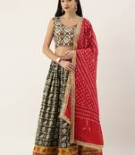 Green printed jacquard unstitched lehenga