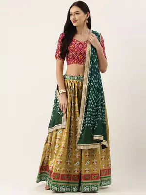 Mustard printed jacquard unstitched lehenga 1