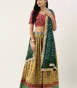 Mustard printed jacquard unstitched lehenga