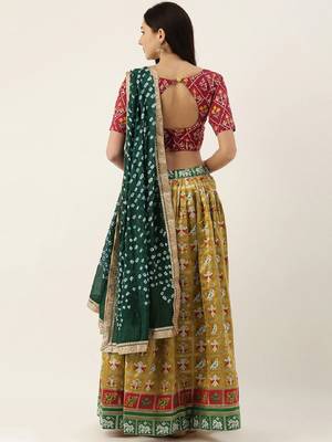 Mustard printed jacquard unstitched lehenga 2