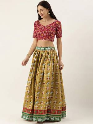 Mustard printed jacquard unstitched lehenga 3
