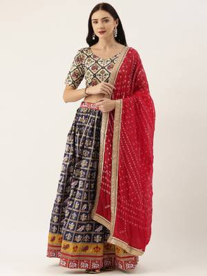 Navy-blue printed jacquard unstitched lehenga 1