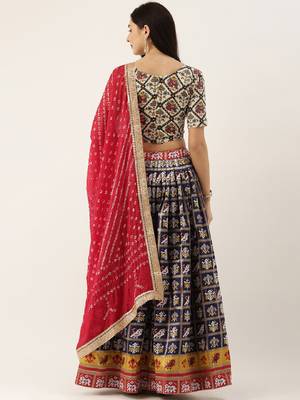 Navy-blue printed jacquard unstitched lehenga 3