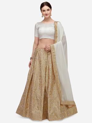 Golden woven jacquard unstitched lehenga 1