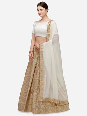 Golden woven jacquard unstitched lehenga 3