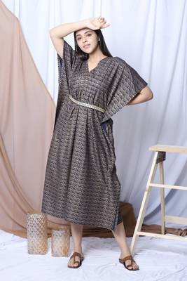 Blue Printed Kaftan With Embroidered Belt 1