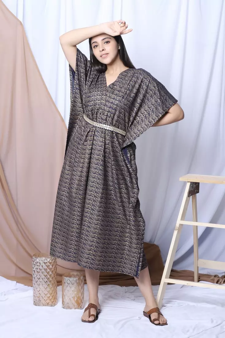 BLUE PRINTED KAFTAN WITH EMBROIDERED BELT