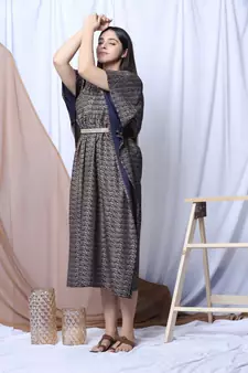 Blue Printed Kaftan With Embroidered Belt