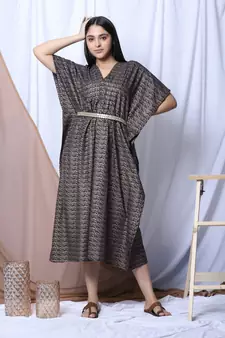 Blue Printed Kaftan With Embroidered Belt