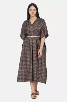 Blue Printed Kaftan With Embroidered Belt