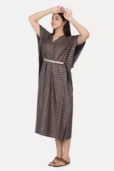 Blue Printed Kaftan With Embroidered Belt