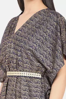 Blue Printed Kaftan With Embroidered Belt