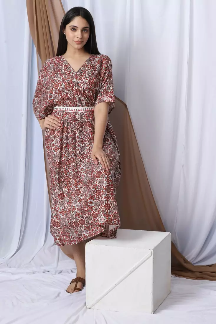 MULTICOLORED PRINTED KAFTAN WITH EMBROIDERED BELT