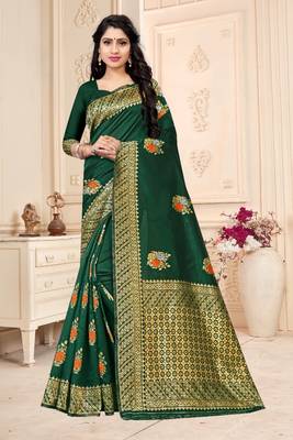 GREEN RICH art silk saree AND HEAVY RICH PALLU WITH BLOUSE 1