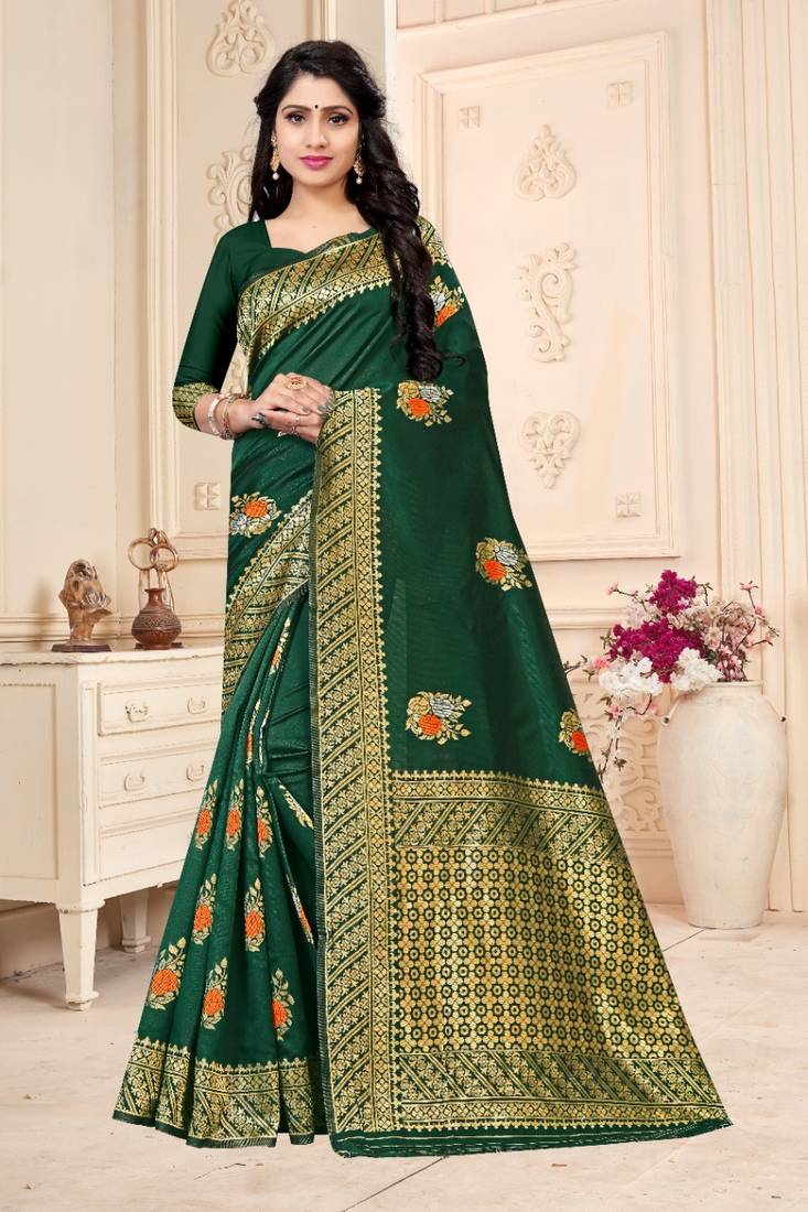 GREEN RICH art silk saree AND HEAVY RICH PALLU WITH BLOUSE