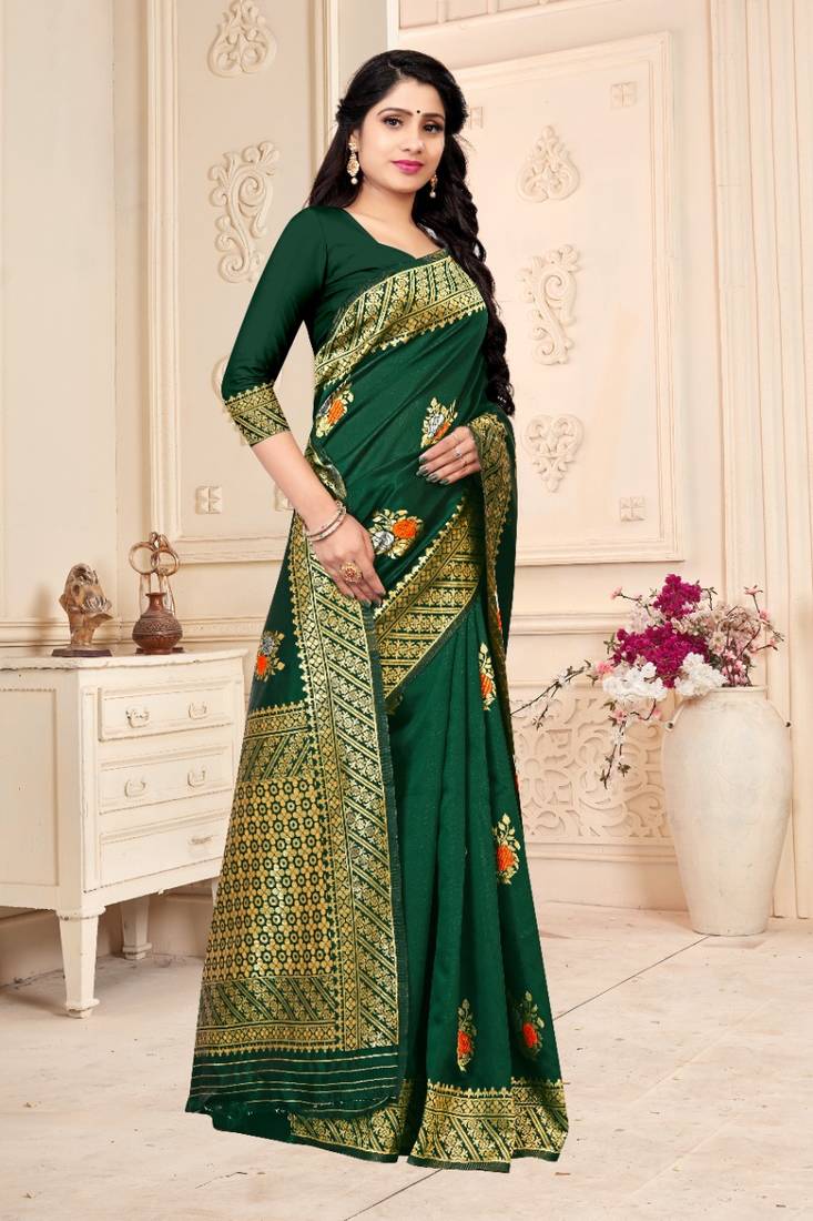 GREEN RICH art silk saree AND HEAVY RICH PALLU WITH BLOUSE
