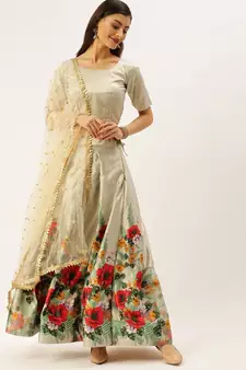 Grey & Red Solid Semi-Stitched Lehenga & Unstitched Blouse with Dupatta