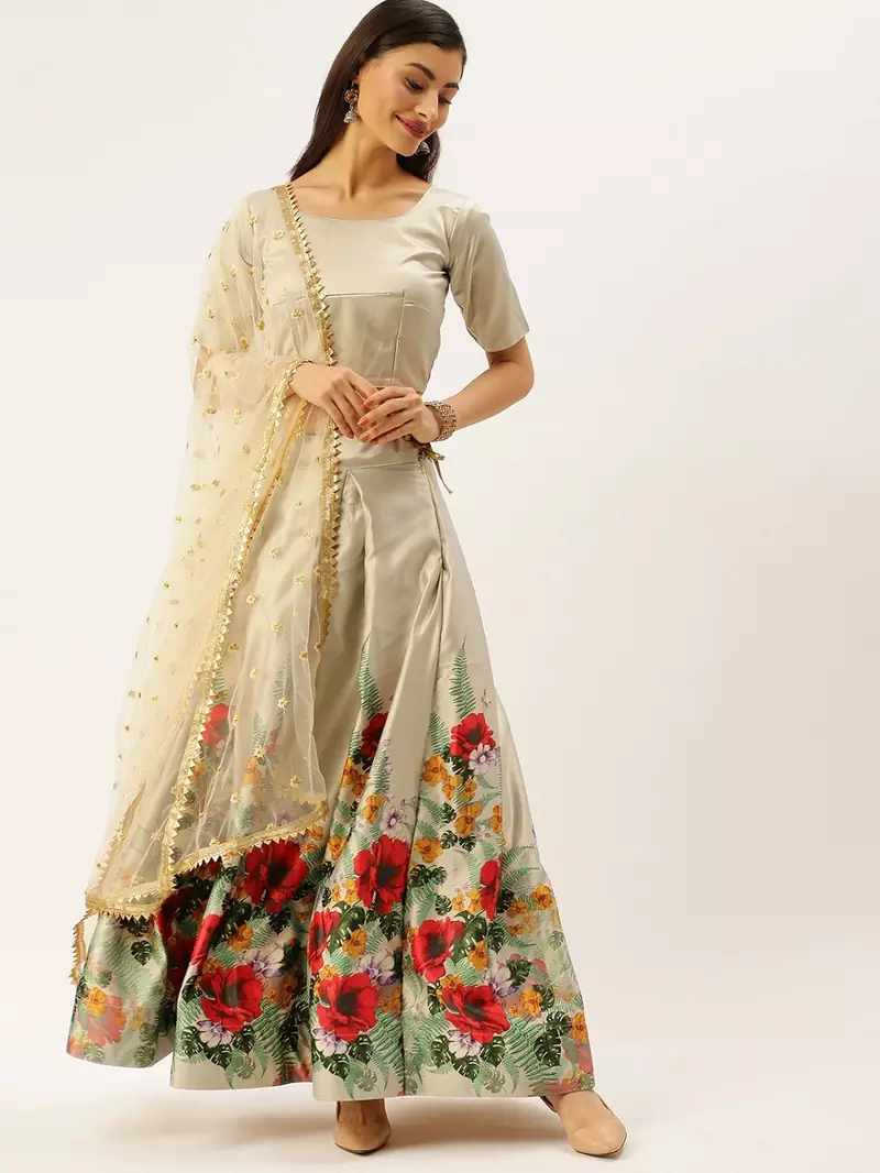 Grey & Red Solid Semi-Stitched Lehenga & Unstitched Blouse with Dupatta