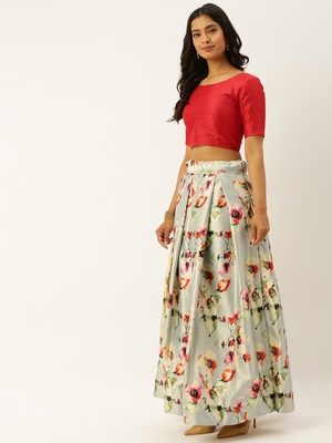 Red & Green Solid Semi-Stitched Lehenga & Unstitched Blouse with Dupatta 2