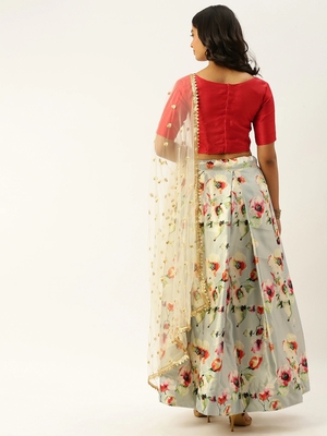 Red & Green Solid Semi-Stitched Lehenga & Unstitched Blouse with Dupatta 3