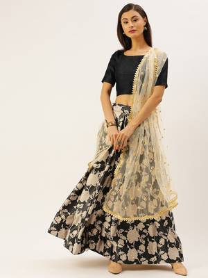 Black & Off-White Solid Semi-Stitched Lehenga & Unstitched Blouse with Dupatta 1