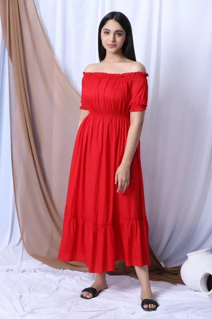 RED OFF SHOULDER LONG DRESS