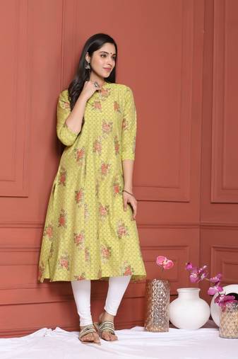 LIME GREEN GOLD PRINTED KURTA
