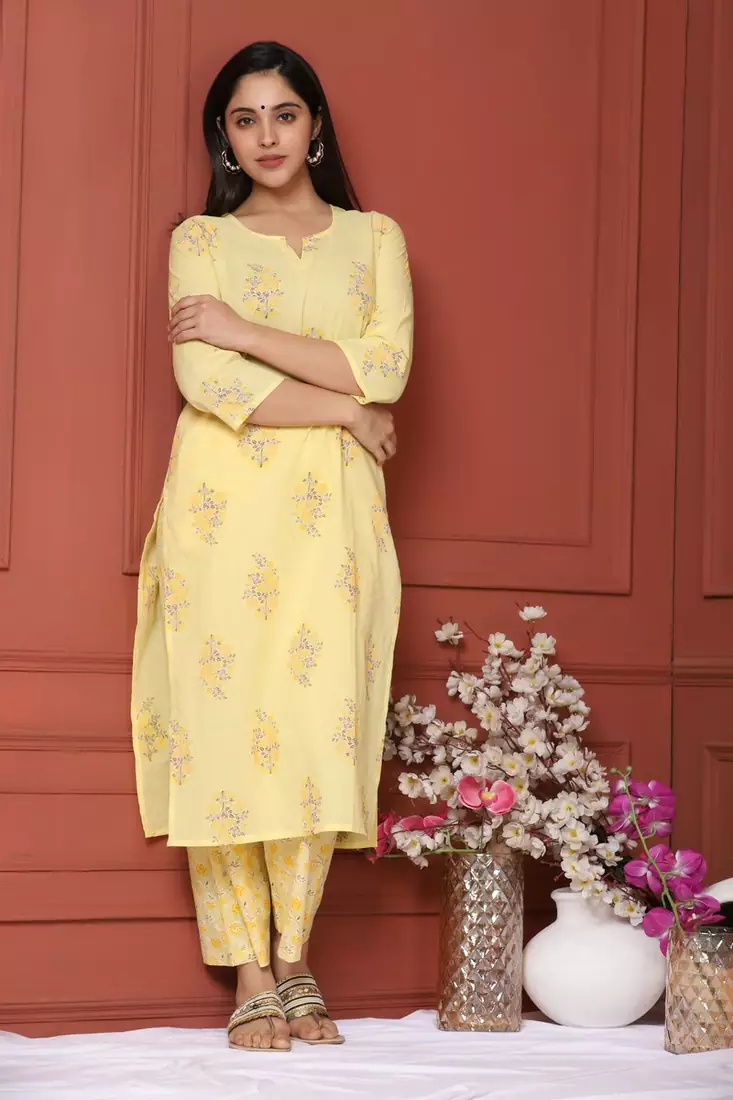 YELLOW PRINTED KURTA AND BOTTOM