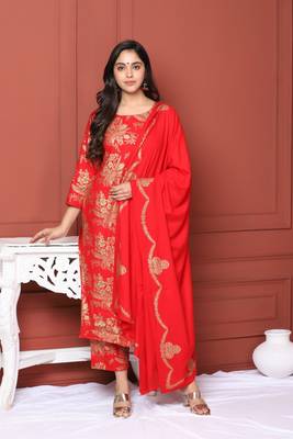 Red Printed Kurta And Bottom And Dupatta 1