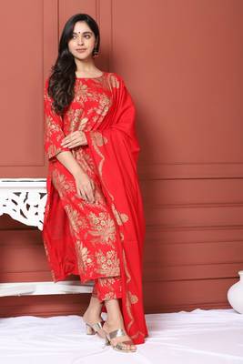 Red Printed Kurta And Bottom And Dupatta 5