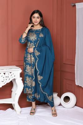 Blue Printed Kurta And Bottom And Dupatta 2
