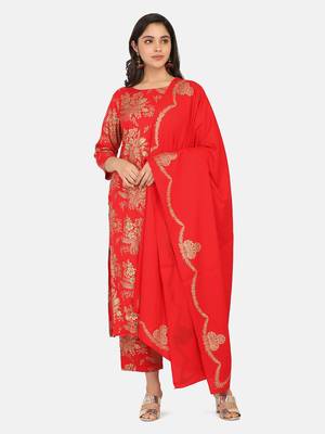 Red Printed Kurta And Bottom And Dupatta 6