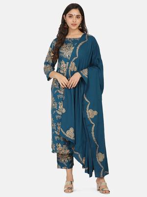 Blue Printed Kurta And Bottom And Dupatta 5