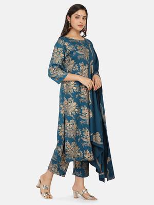 Blue Printed Kurta And Bottom And Dupatta 7