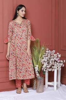 BEIGE PRINTED KURTA AND BOTTOM