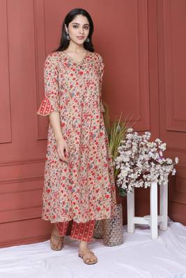 Beige Printed Kurta And Bottom 2