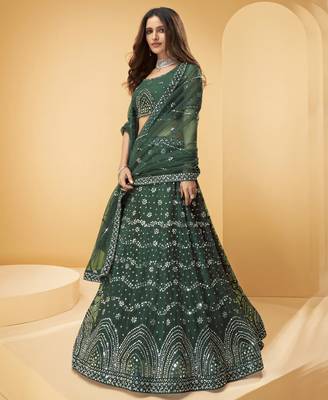 Green mirror net semi stitched lehenga 1