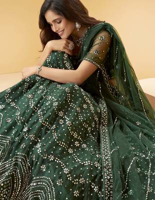 Green mirror net semi stitched lehenga 2