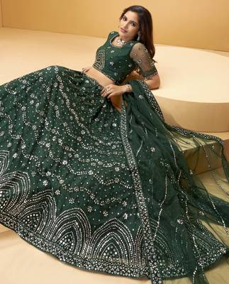 Green mirror net semi stitched lehenga 3