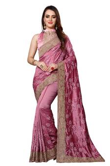 Pink embroidered silk saree with blouse