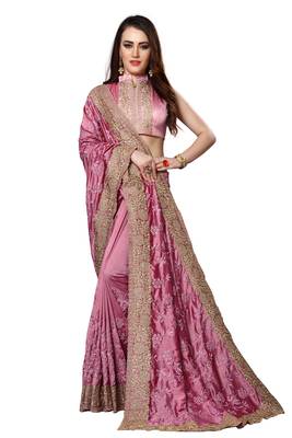Pink embroidered silk saree with blouse 2