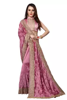 Pink embroidered silk saree with blouse