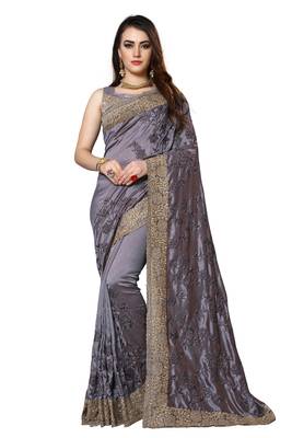Grey embroidered silk saree with blouse 1