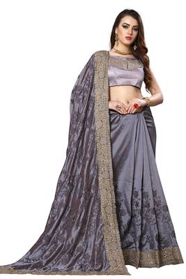 Grey embroidered silk saree with blouse 2