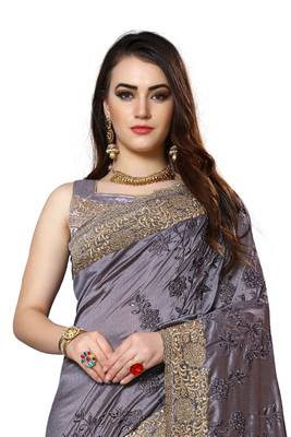 Grey embroidered silk saree with blouse 3